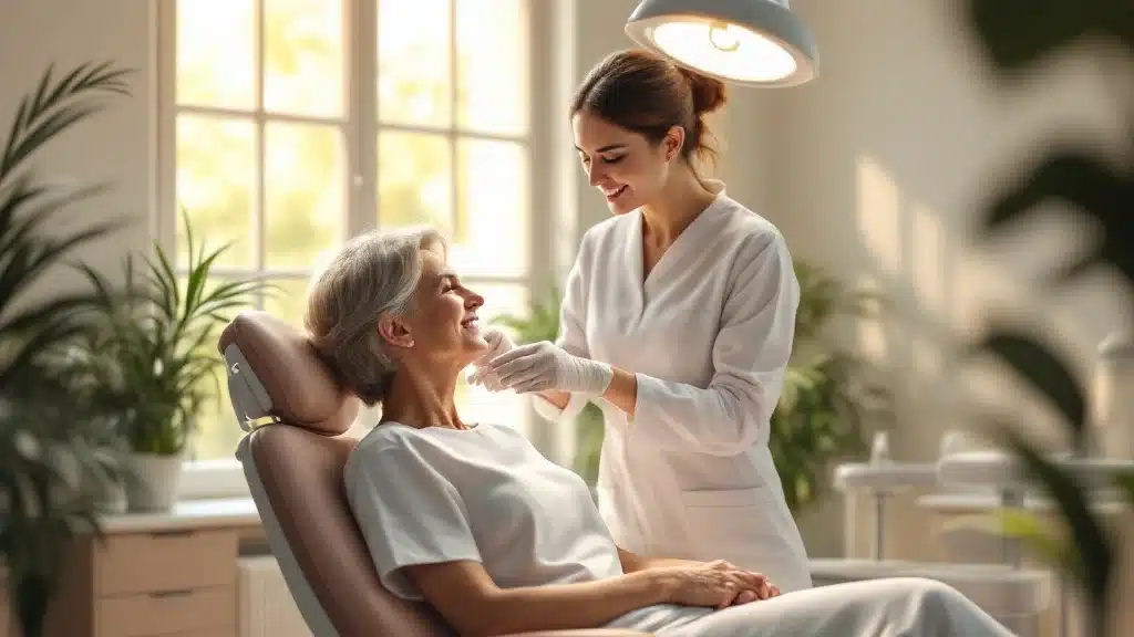 A serene dental clinic scene with a calm middle-aged woman in a chair and a friendly dentist adjusting the light, set in a warm, bright room.